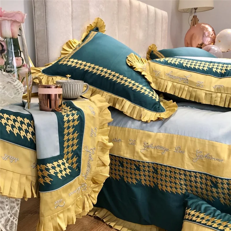 Waliicorners Luxury Egypt Cotton Classic Houndstooth Bedding Set Embroidery Ruffles Duvet Cover Bed Sheet Pillowcases Queen King Size 12 1551098588_1111136213_2