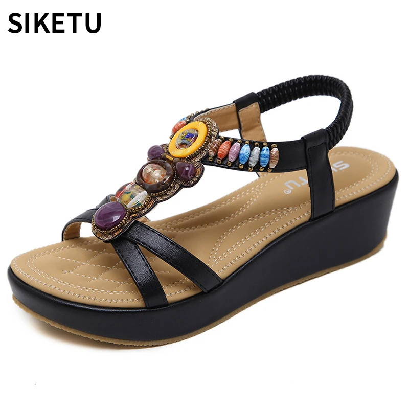 

Brand 2018 Bohemia Wedge Sandals Women Casual Sandals Summer Vintage Rhinestones Woman Flip Flops Slipper Lady Beach Shoes