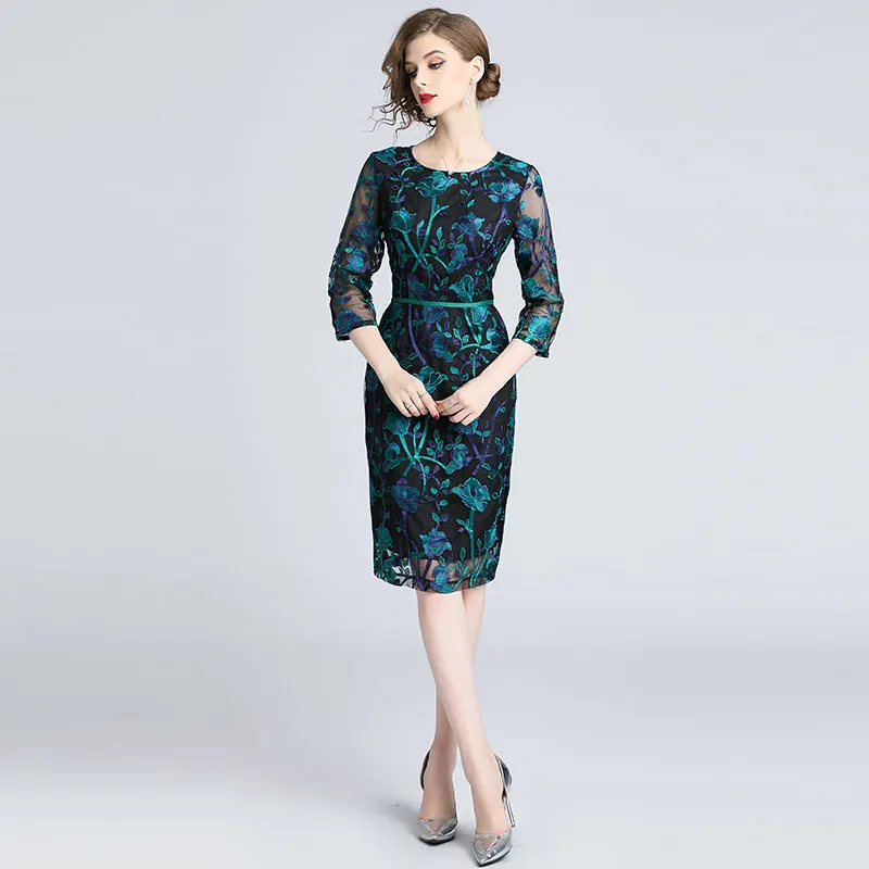 Borisovich Office Lady Pencil Dress New Brand 2018 Autumn Fashion Floral Mesh Embroidery Elegant Slim Women Party Dresses N039