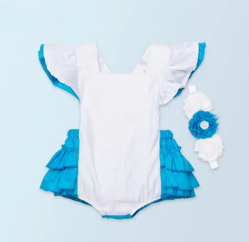 

2PC per Set Summer Baby Girl Clothes Infant Blue White Romper Cool Infant Girl Outfit Shabby Flower Bead Headband for 0-24months
