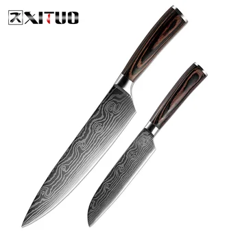 

XITUO High Grade 8"+5" inch Kitchen Knife Sets Utility Japanese Damascus Steel Chef Pattern Cleaver Paring Knives Cooking Tools