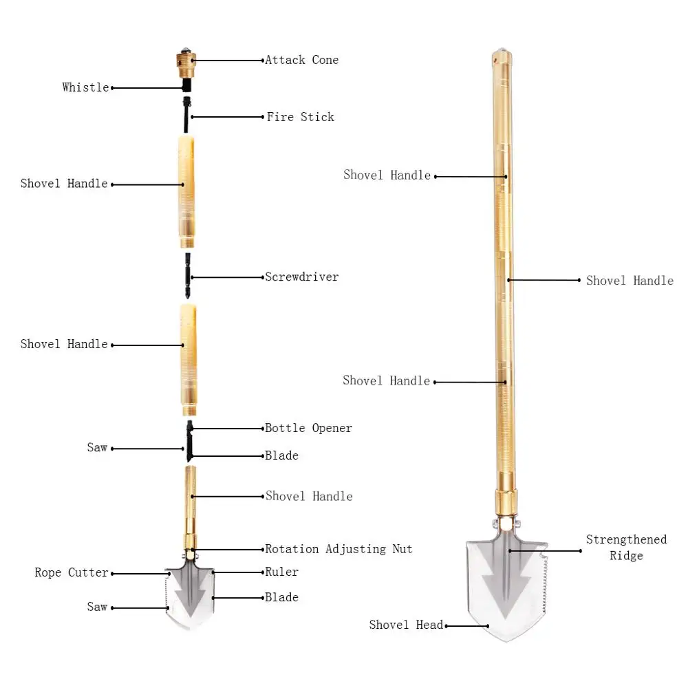 Golden Multifunction Folding Military Shovel Manganese Steel Spade Outdoor Tool For Camping Climbing Adventure Emergency With Free Carrying Bag-37inch (3)