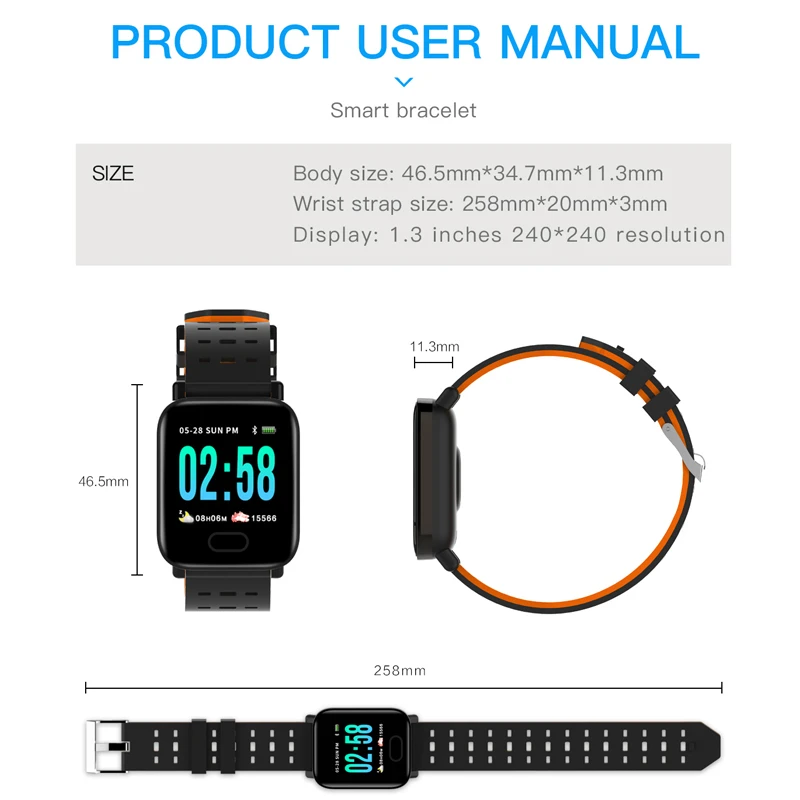 New Smart Watch Men Women A6 Blood Pressure Blood oxygen Heart Rate Fitness Tracker IP67 Waterproof Sport Watch For IOS Android 