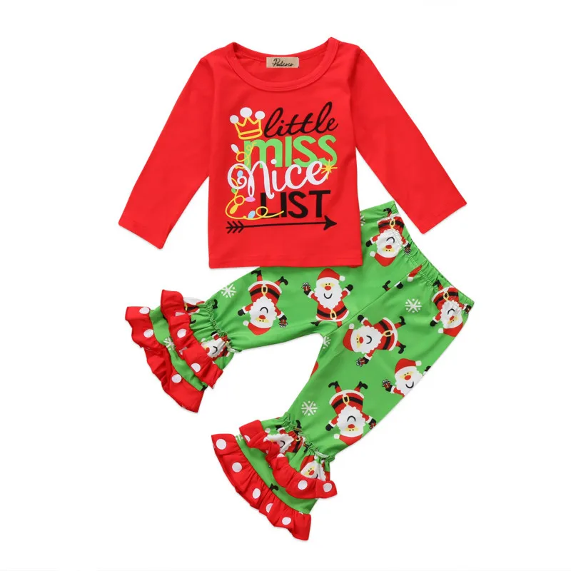 

Christmas Kids Toddler Baby Girls Santa Clause Print Xmas Costume Clothing Cotton Blouse Tops Ruffles Long Pants Outfits Clothes
