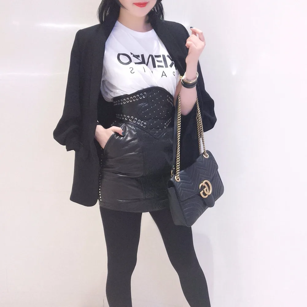 Black High Waist Riviet Above Knee Skirt Genuine Leather Mini Skirt (2)