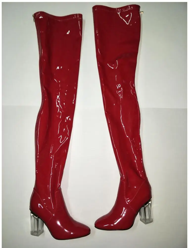JAWAKYE/пикантные Сапоги выше колена на высоком массивном каблуке женские эластичные сапоги из лакированной кожи синего цвета женские сапоги до бедра - Цвет: red