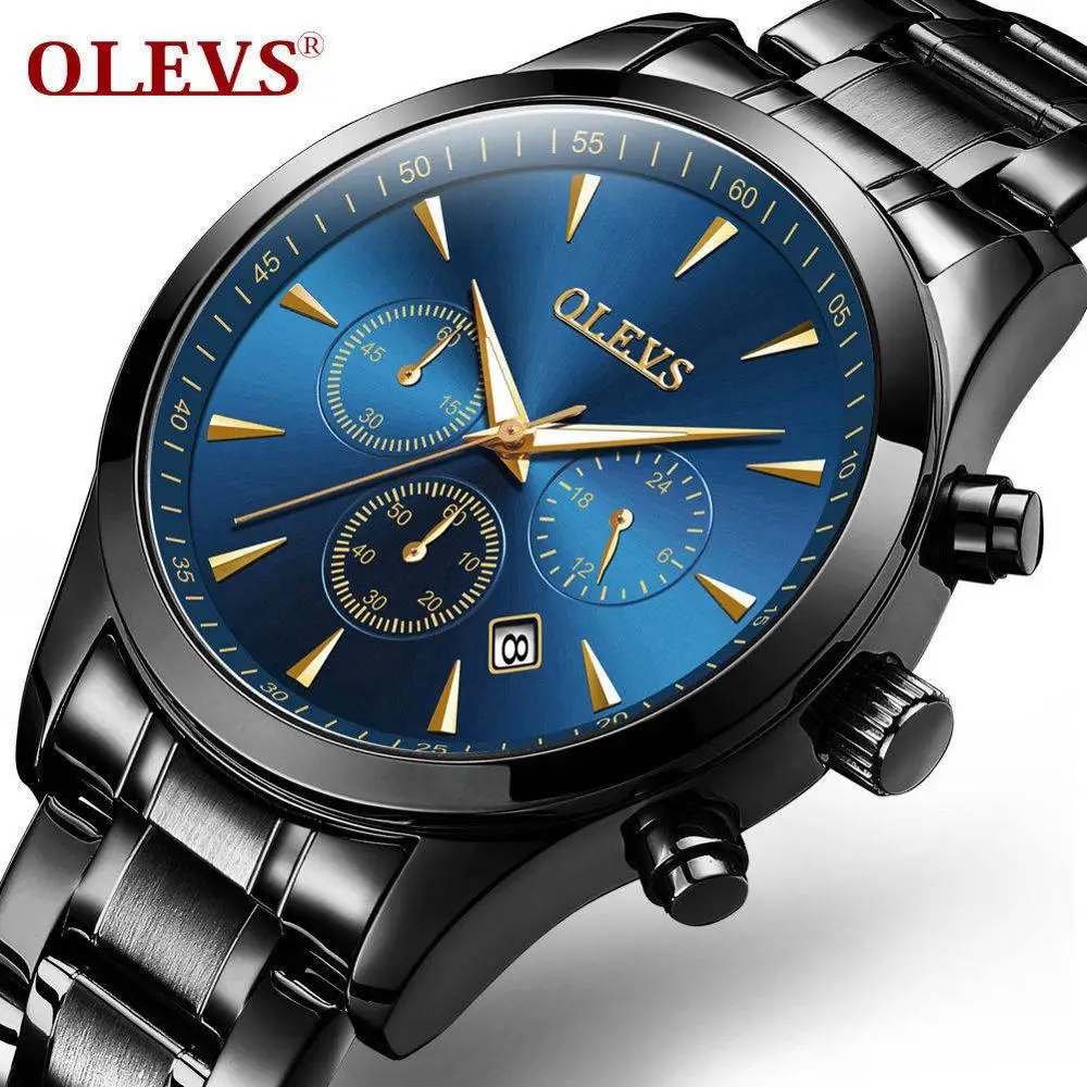 OLEVS relojes hombre мужские часы Топ бренд класса люкс erkek kol saati водонепроницаемые спортивные часы montre homme uhren herren часы - Цвет: Steel black blue