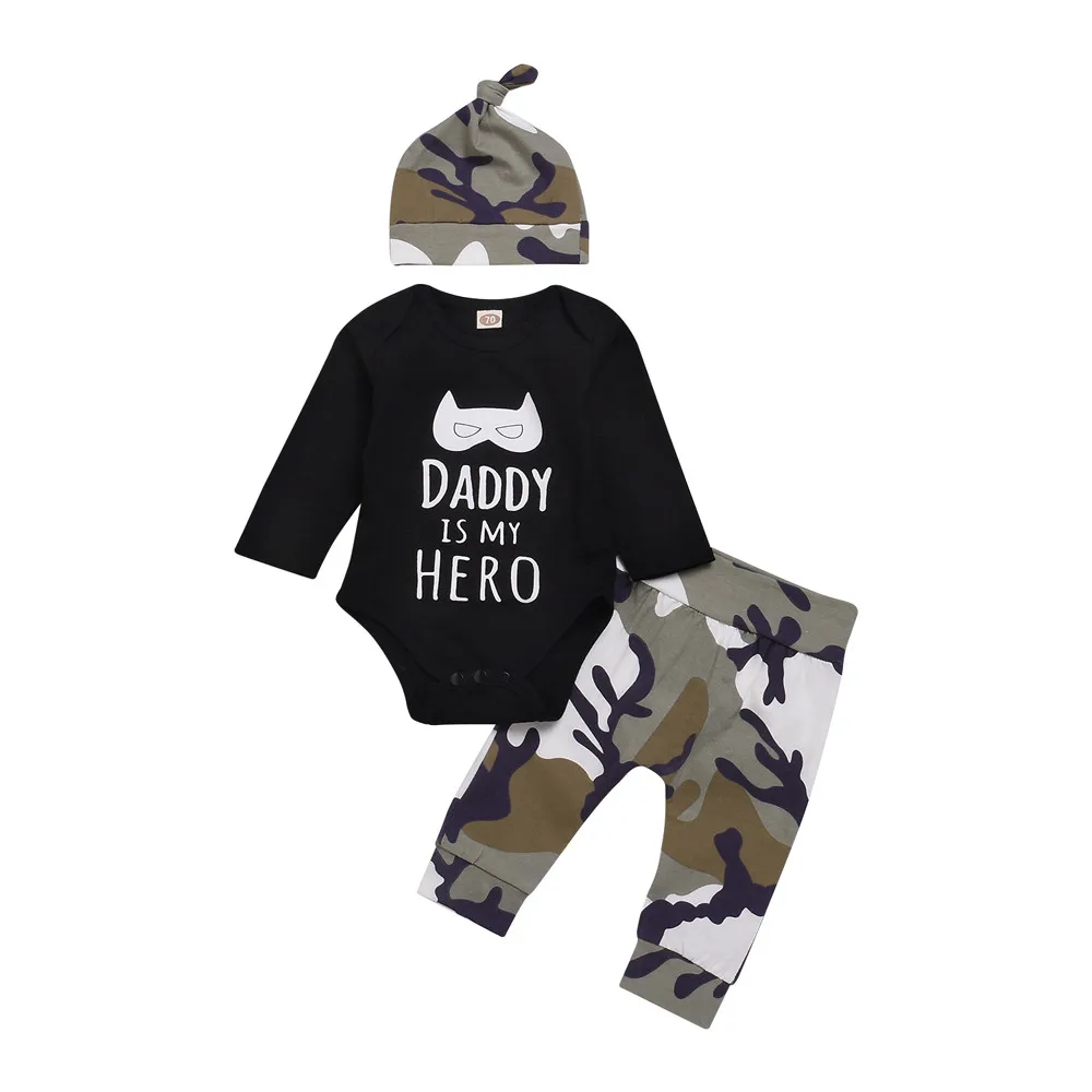 

Infant NewBorn baby Children clothes Set Infant Kids Outfit Boy Clothes Letter Cartoon Romper Tops+Camo Pants Outfit Set