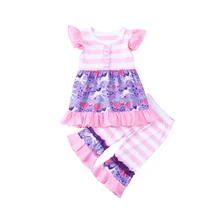 Милое милое платье принцессы для новорожденных девочек; пуловер с круглым вырезом и короткими рукавами; полосатая рубашка на пуговицах; топы; брюки с расклешенным принтом; 1-6Y