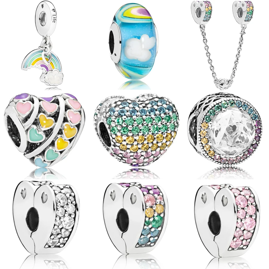 

2018 New Real 100% 925 Silver LOVE Rainbow MURANO GLASS CHARM Clip Safety chain Fit Original pandora Bracelet bead DIY Jewelry