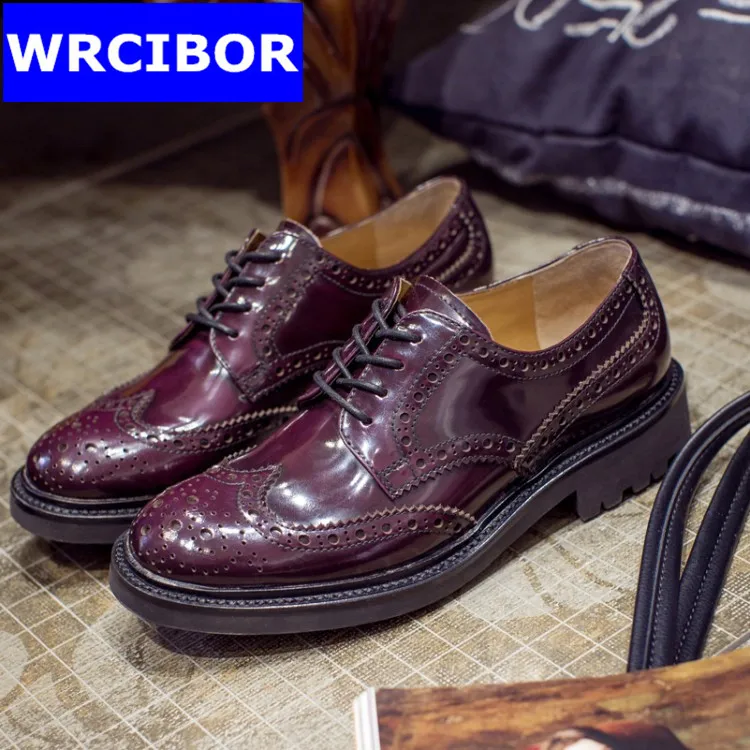 Genuine leather Fretwork Vintage British Style font b Women b font Oxfords Lace Up Flats Round