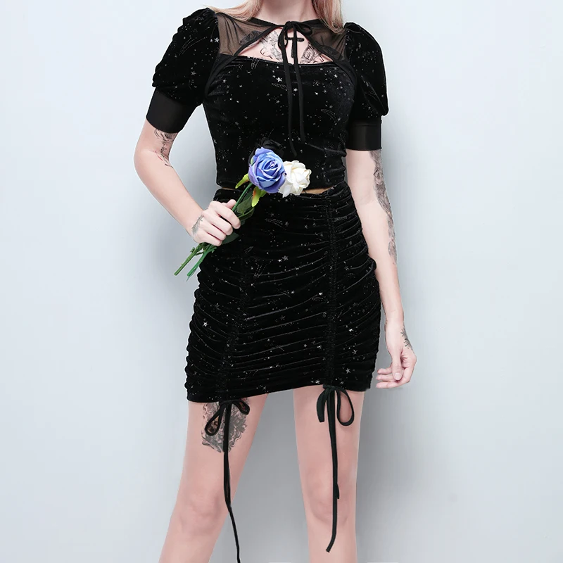 

Summer Women Sexy Skirt Crop Top 2 Piece Set Bodycon Mesh Bandage Short Sleeve Top Short Skirt Gothic Flash Black Two Piece Set