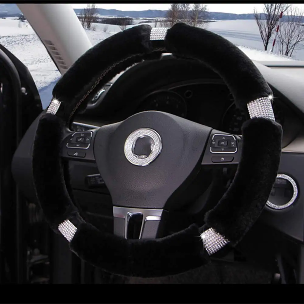 

Plush Steering Wheel Cover Fluffy Warm with Crystal Bling Bling Rhinestones for Girls Lady Universal Fit 38cm