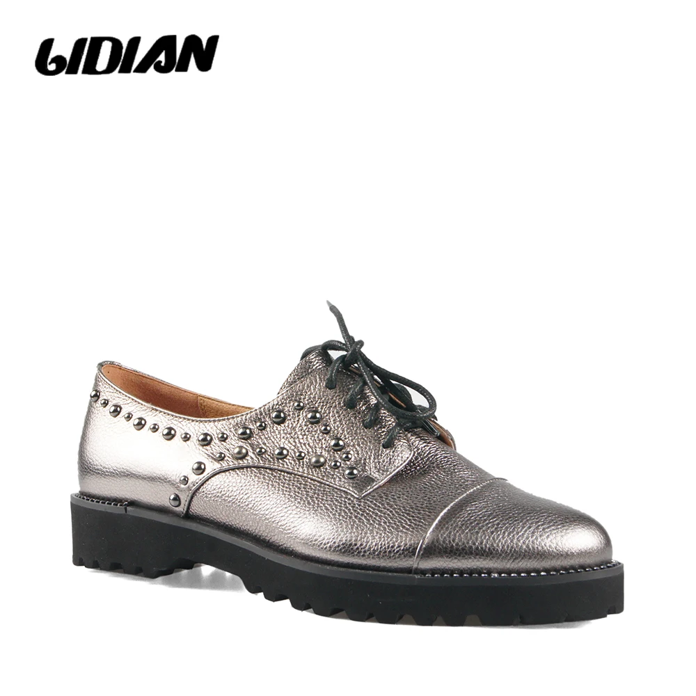 

LIDIAN 2019 low heels Woman Pumps Lace Up Round Toe Platform Footwear Genuine leather Studs Retro Casual Female B47