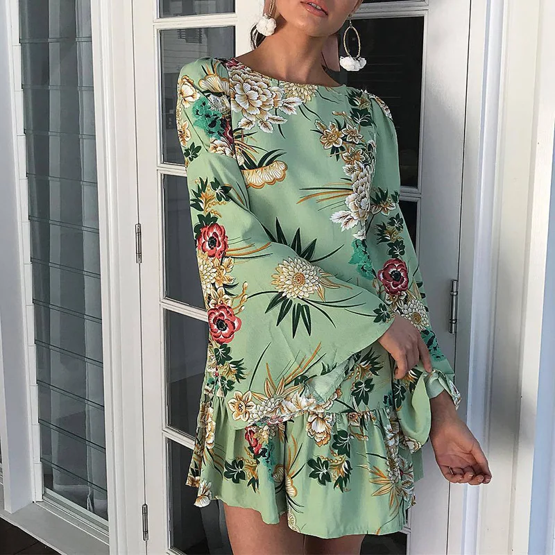 

2018 Summer Fashion Womans Dress Print Round Neck Flares Mini Dresses Rich Atmosphere Ladies Dress