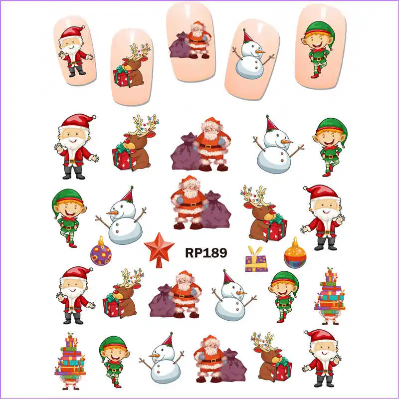 UPRETTEGO дизайн ногтей Красота наклейка на ногти водная наклейка слайдер мультфильм Рождество Санта Клаус Снеговик Олень RP187-192