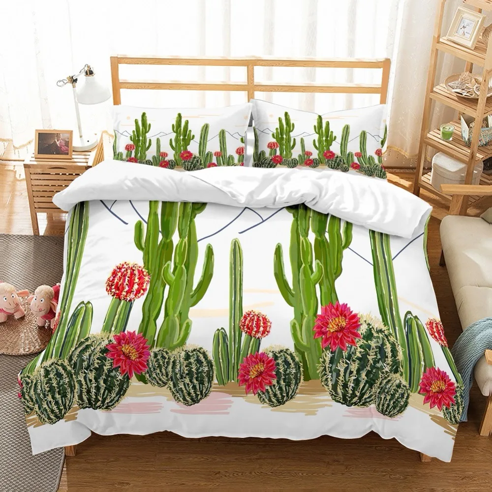 

Tropical Plants Green Cactus with Red Florals Cacti 3PCS(1 Duvet Cover 1 Pillow Sham) White Duvet Cover Boys/Girls Bedding Set