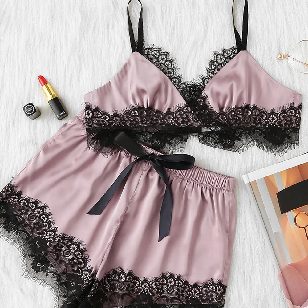

Daddy Chen Pink Women Sexy Sleepwear Set Satin Sling Sleepwear Lingerie Lace Bowknot Nightdress Underwear Seksi Bayan Gecelikler