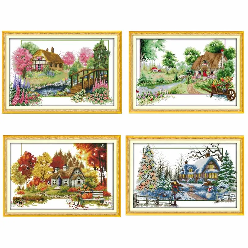 Four Seasons Patterns Counted Cross Stitch Set DIY 11CT 14CT 16CT Stamped DMC Cross-stitch Kit Embroidery Needlework Home Decor