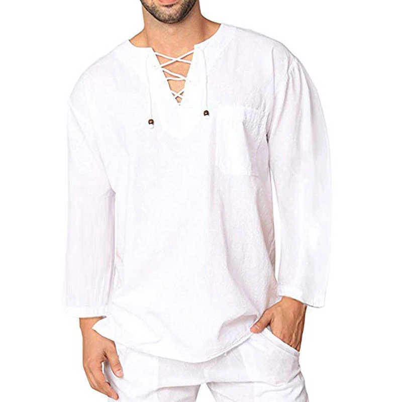 Мужские топы, мужские рубашки, повязки, шнуровка, v-образный вырез, длинный рукав, футболка, Camisa Chemise Hombre, белые рубашки, свободные футболки