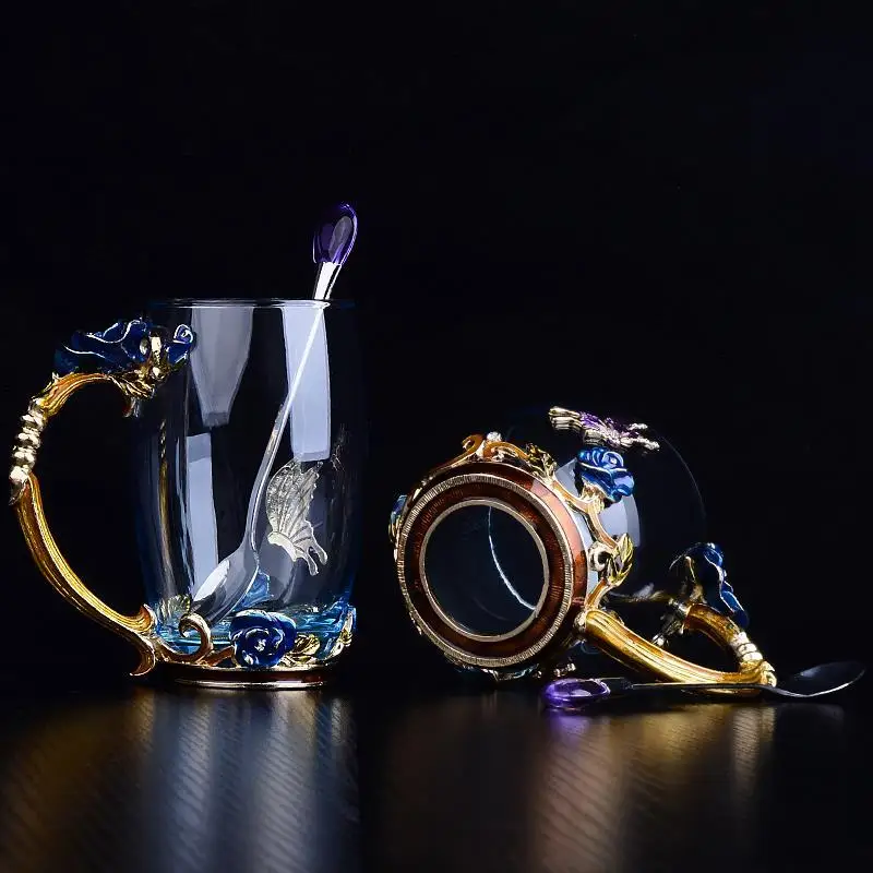 Beauty And Novelty Enamel Coffee Cup Mug Flower Tea Glass Cups for Hot and Cold Drinks Spoon Set Perfect Wedding Gift|Другие стаканы| |