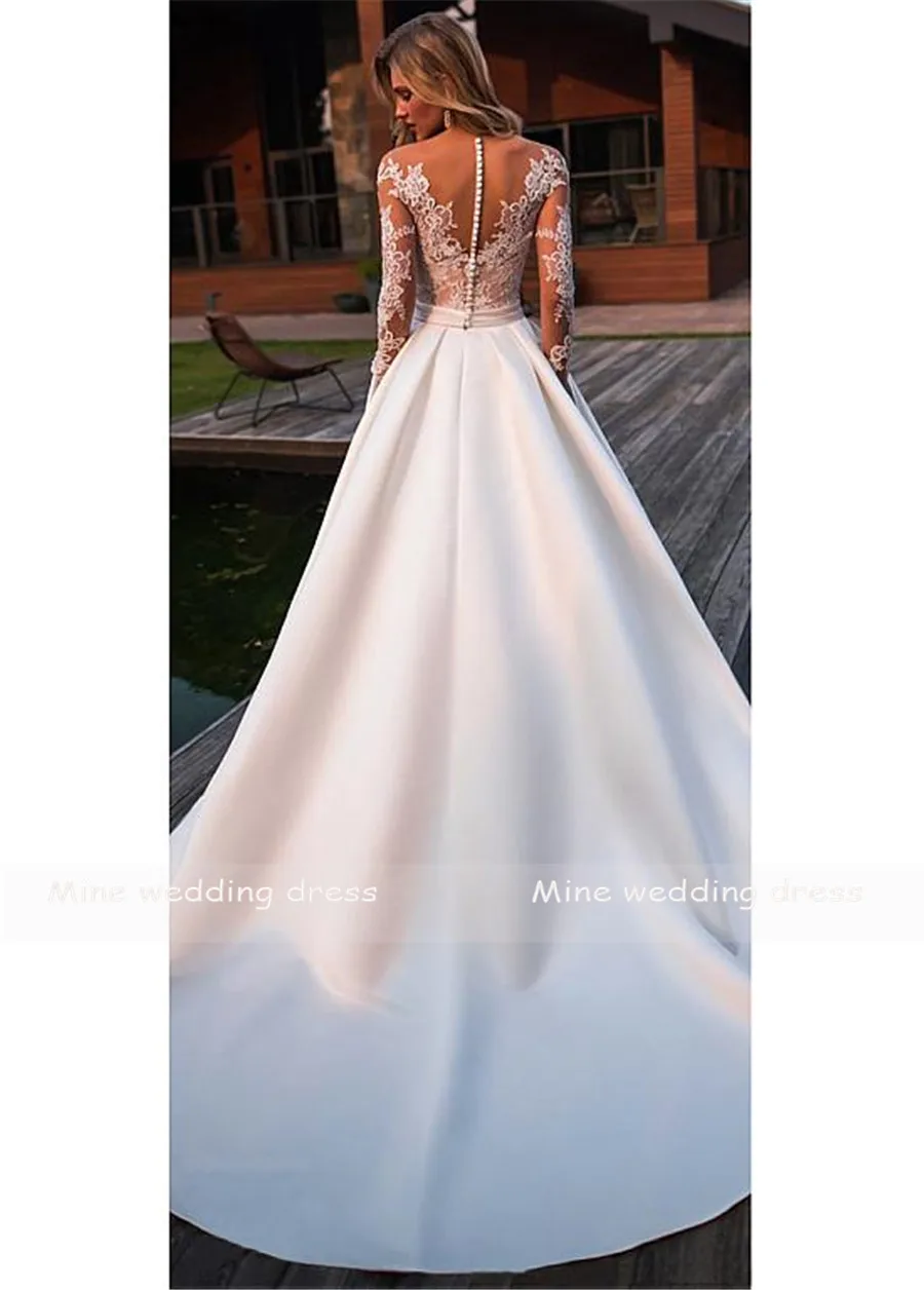 Длинные рукава Свадебные платья Аппликации Кружева с атласной юбкой Свадебное платье размера плюс Vestido de Noiva пуговица сзади