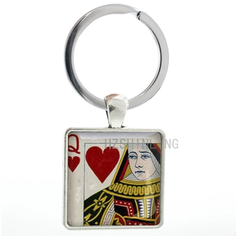 

New Fashion Poker Card Queen of Hearts keychain keyring casual style square pendant key chain ring holder men women jewelry AA07