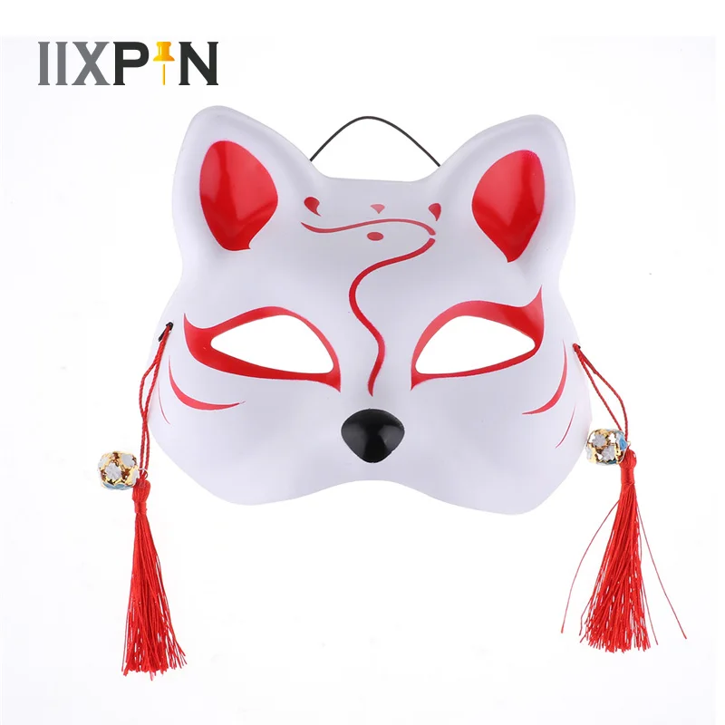 IIXPIN Hand painted Cat Mask Japanese Half Face PVC Tassels Small Bells
