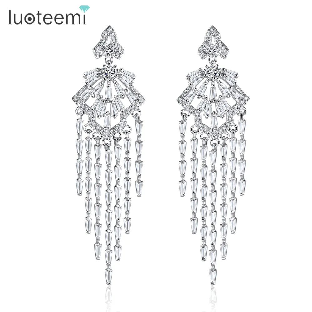 LUOTEEMI New Luxurious Long Drop Earrings Ladder Round Zircon Tassel Big Brincos for Women Wedding Accessories Jewelry | Украшения и