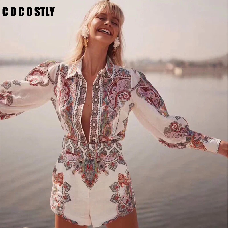 

two piece set Women Floral Print Lantern Sleeve Turn Down Collar Blouse + Shorts + Belt Resort Suits Two Piece Shirt shorts Set