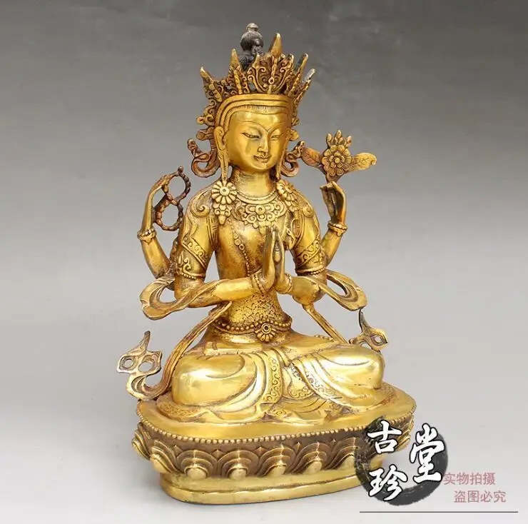 

Tibet Buddhism Copper Gold Gilt Chenrezig Four arm Guanyin Bodhisattva kwan-yin