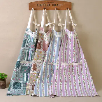 

fashion print lace aprons for women work helper apron kitchen clean apron quality line cotton cooking aprons two pockets sale