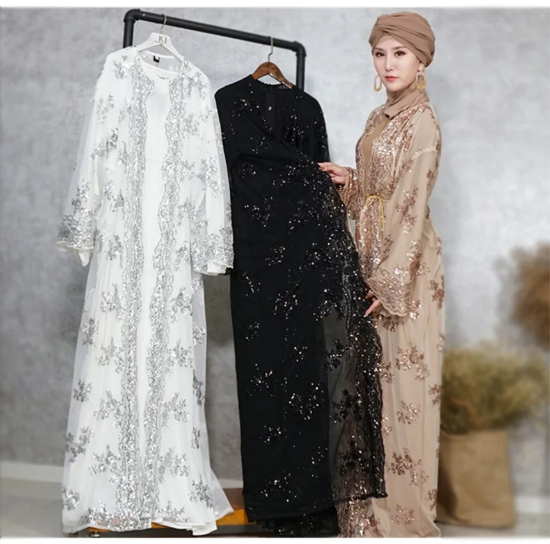 Bordado de Luxo Lantejoulas Abaya Muçulmano Maxi Vestido Cardigan Longo Robe Vestidos Jubah Kimono Ramadã Árabe Adoração Islâmica Serviço