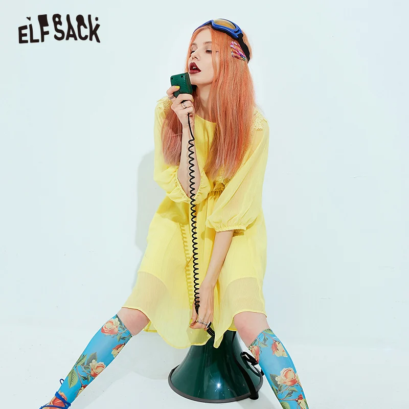 Женское платье с рукавами фонариками ELF SACK желтые однотонные винтажные