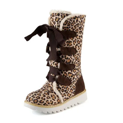 ENMAYER/модные женские зимние сапоги до середины икры с круглым носком на шнуровке; зимние сапоги на платформе красивая обувь из флока для девочек Размеры 34-43 - Цвет: leopard