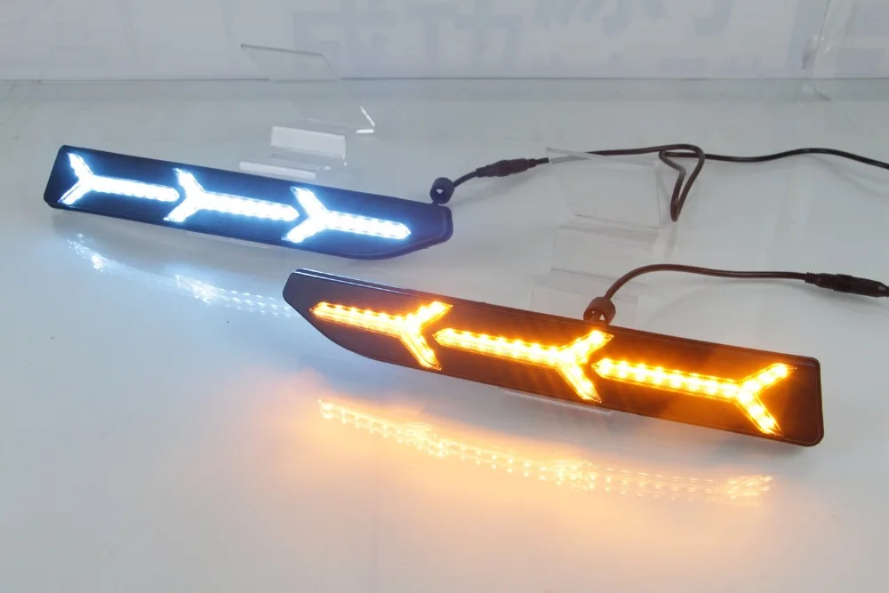 

eOsuns led drl daytime running light for Volkswagen New Santana with moving yellow turn signals and blue night running light