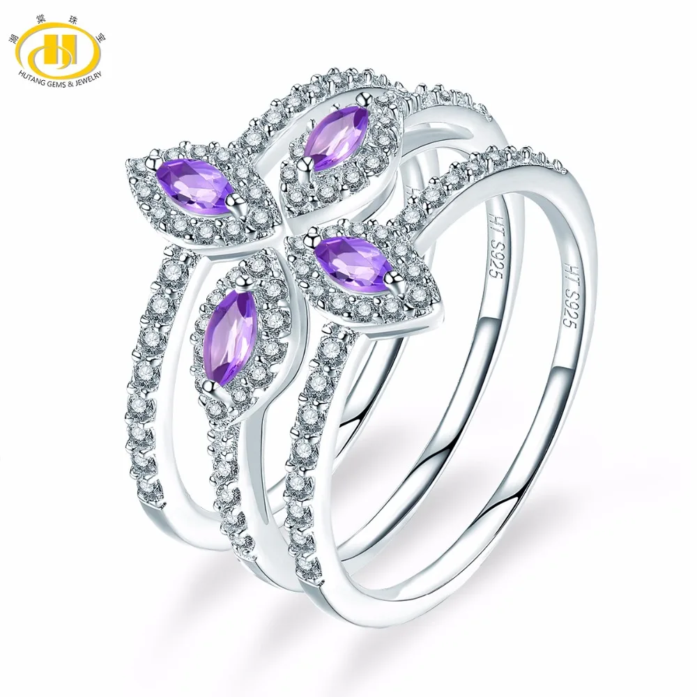 Hutang Wedding Ring Natural African Amethyst Solid 925 Sterling Silver Three Ring Sets Gemstone Engagement Fashion Stone Jewelry Hutang Wedding Ring Natural African Amethyst Solid 925 Sterling Silver Three Ring Sets Gemstone Engagement Fashion Stone Jewelry