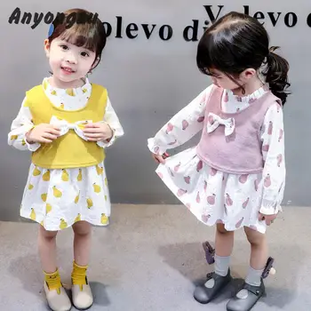 

Spring Summer Sweet Long Sleeve Girls Vest Dress Two Set Bowknot Lotus Leaf Collar Printing Temperament Princess Dress
