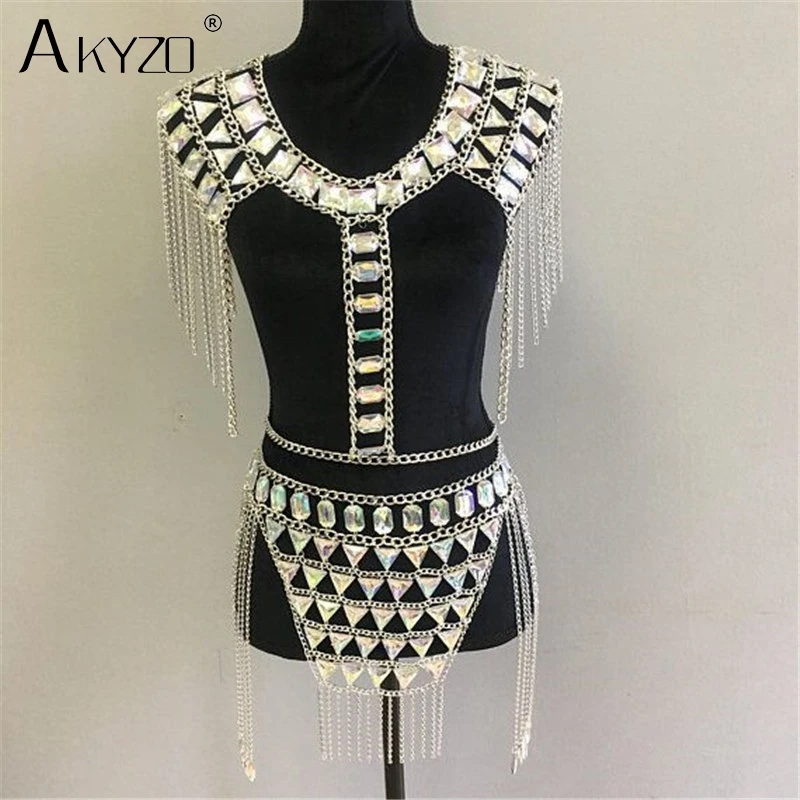 AKYZO Crazy crystal sequin женские комплекты из 2 предметов забавные праздничные наряды ручной работы в стиле пэчворк с металлической кисточкой и цепочкой Женский комплект