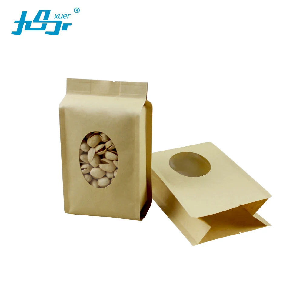 

Factory stock size 50pcs Brown food grade Kraft paper side unfold heat seal bag with round window food zipper Storage coffee bag
