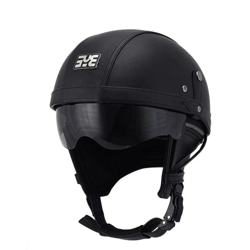 

BYE black leather Vintage Half Face Motorcycle Helmet Casco Casque Moto Harley Retro Helmets With Inner Sun Visor