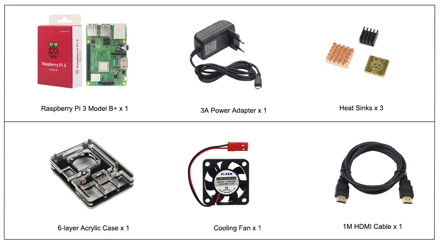 Raspberry Pi 3 Model B+ стартовый комплект+ 6 слойный акриловый чехол+ 16 32 Гб sd-карта+ радиатор+ вентилятор+ адаптер питания 3A+ кабель HDMI - Цвет: Bundle 2