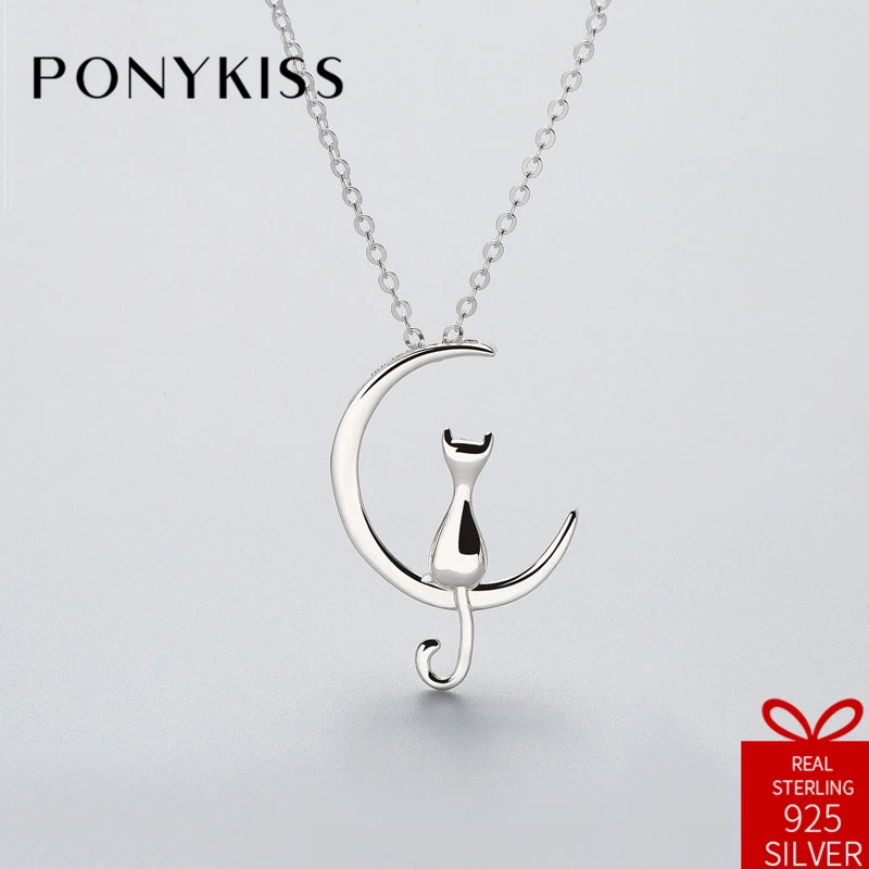

PONYKISS Romantic 100% 925 Solid Sterling Silver Small Cat Pendant Necklace Chain Cute Gift Women Fine Jewelry Anniversary