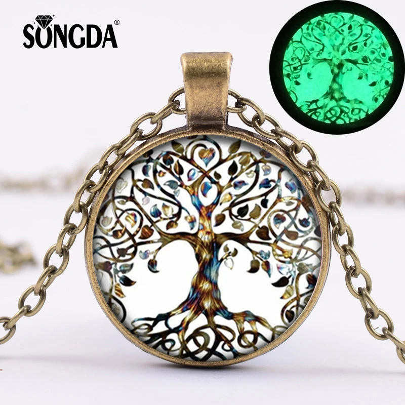 

SONGDA Perfect Tree Of Life Glow in the Dark Pendant Necklace Exquisite Luminous Image Crystal Cabochon Choker Collares Jewelry