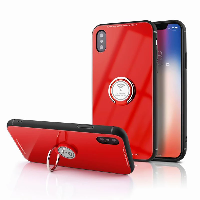 

Fashion Ultra Slim 2 in 1 Tempered Glass Back Cover For iPhone X 8 Plus Finger Magnetic Ring Holder Cases For iPhone 6 6S 7 Plus