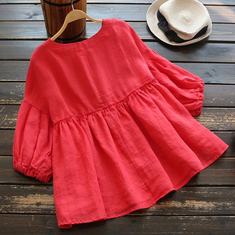 ZANZEA Женская Винтажная летняя плиссированная блуза с круглым вырезом и рукавом-фонариком 3/4, однотонная Свободная рабочая блуза, вечерние рубашки из хлопка и льна, повседневный Топ - Цвет: Красный