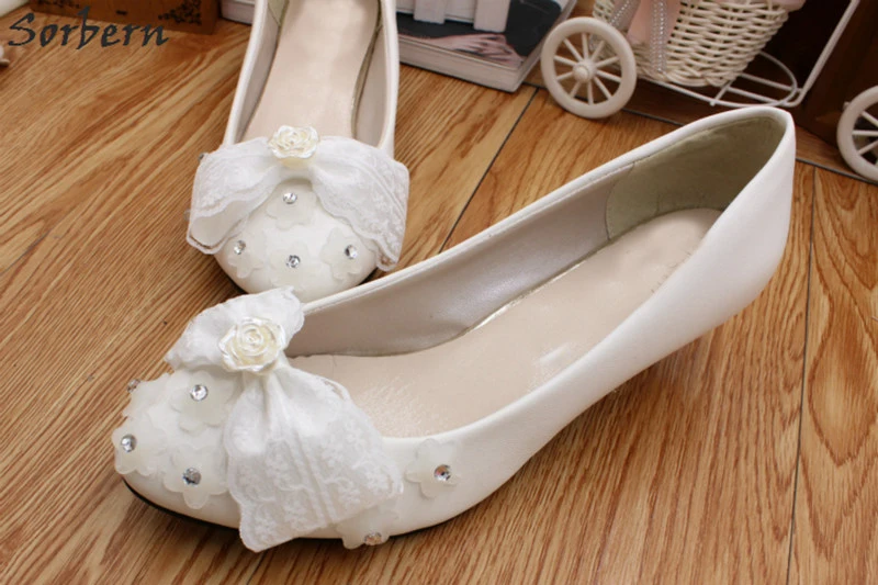 Sorbern/белые свадебные туфли с кружевным бантом и бисером; женские туфли-лодочки на низком каблуке 3 см; стразы; Свадебная обувь без шнуровки; недорогая обувь; Размеры 35-40