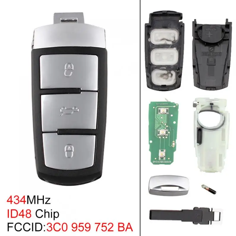

434MHz Keyless Uncut Flip Smart Remote Car Key Fob with ID48 Chip 3C0959752BA for VW Passat B6 3C B7 Magotan CC 2006-2011