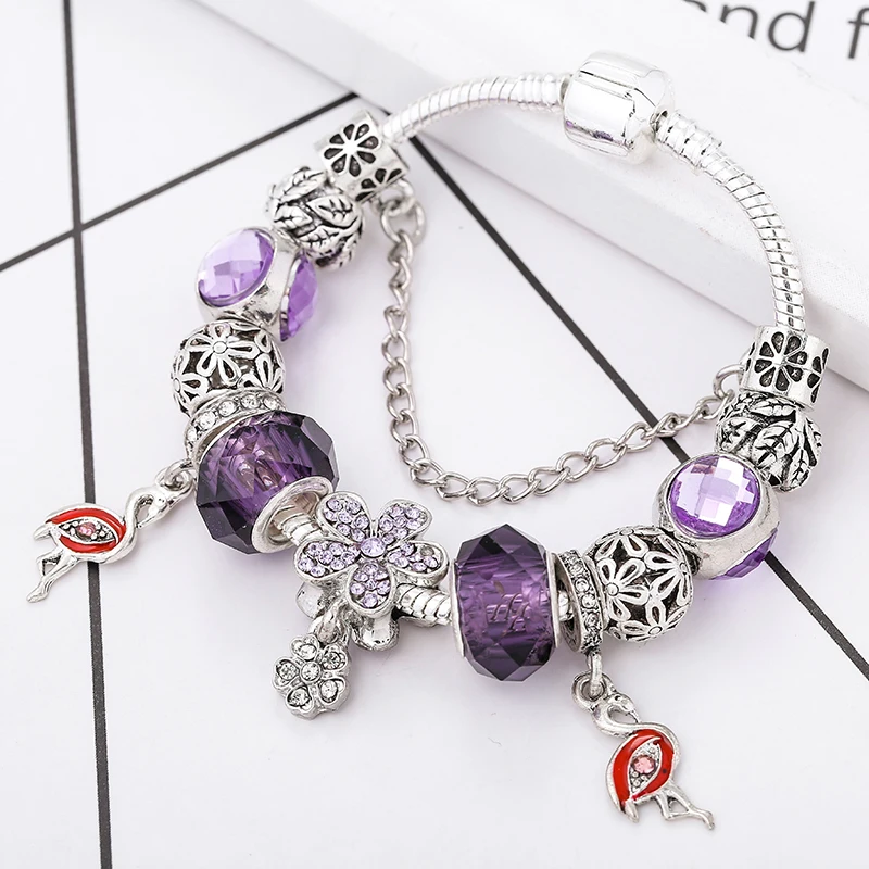 BAOPON Original Purple Flower& Crane Pendant Charm Bracelets for Women High Quality Fine Bracelets Best Couple Jewelry Gift