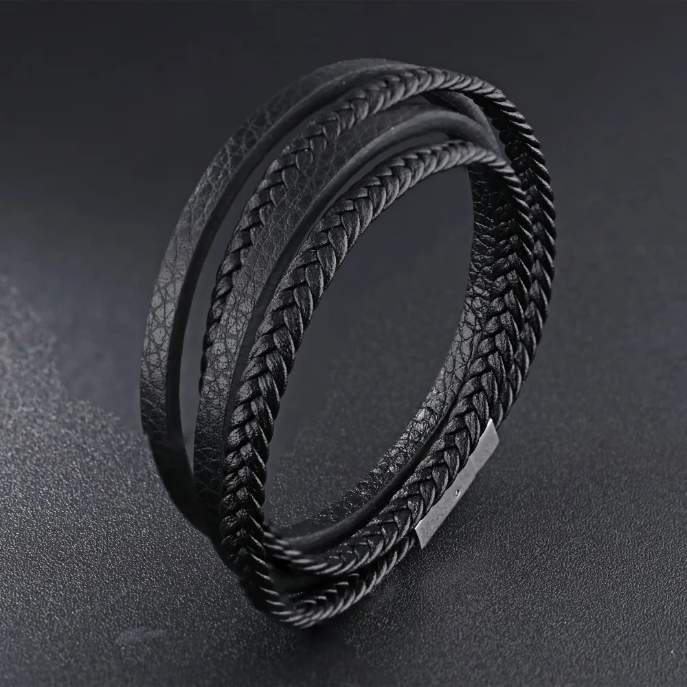 FATE LOVE Brand Men wrap bracelet bangles personalized man male boy black leather cowhide stainless steel metal Fashion Jewelry